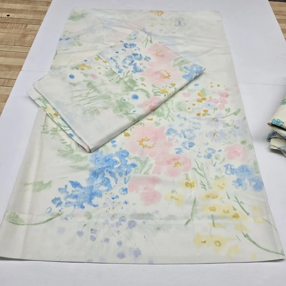 Vintage Floral Bed Sheets Pillowcases Multi Cream Cotton Blend Cottagecore